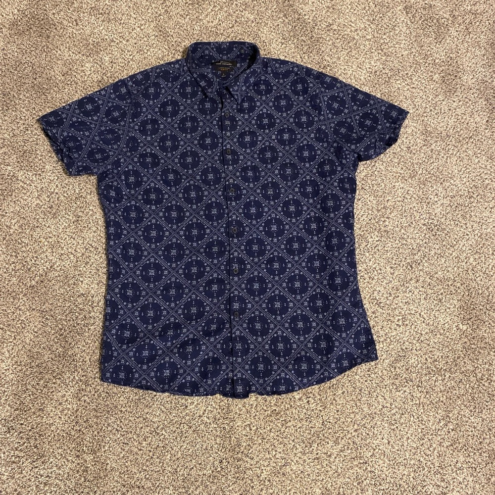 Marc Anthony Navy Geometric Linen Blend Casual Shirt